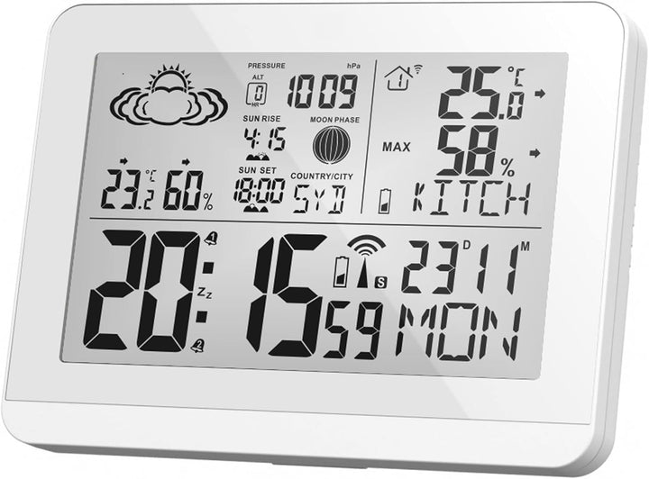 Miraval Moderne Design Funk-Wetterstation mit Aussensensor bennenbar Mondphase Sonnenaufgang Sonnenu