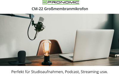 Pronomic CM-22 Studio Grossmembranmikrofon XLR-Kondensatormikrofon (mit Mikrofonspinne, Etui, Windsc