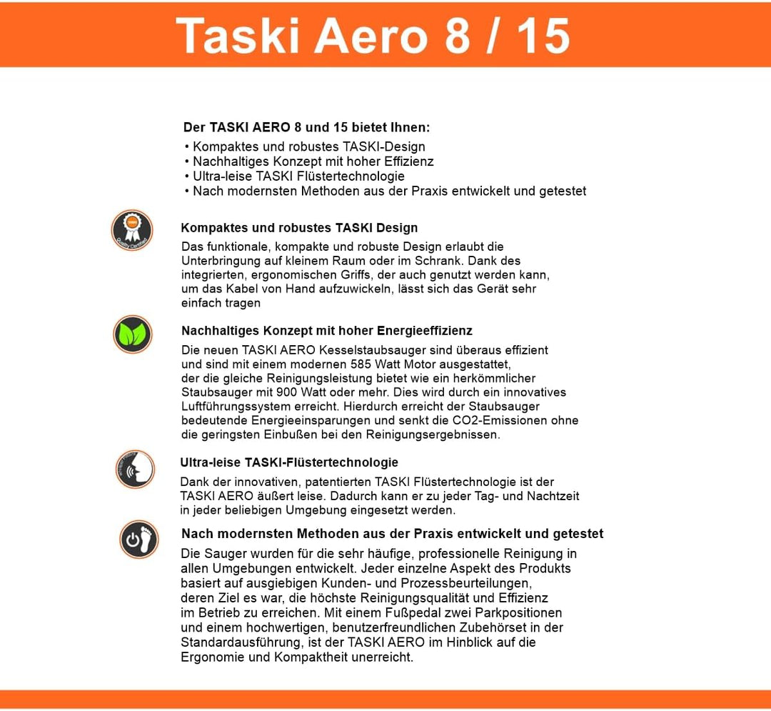 JaTop Staubsauger Kesselsauger Taski Aero 15 Euro, Orange/Grau, Flüstermotor inkl. Duft & 5 kompatib