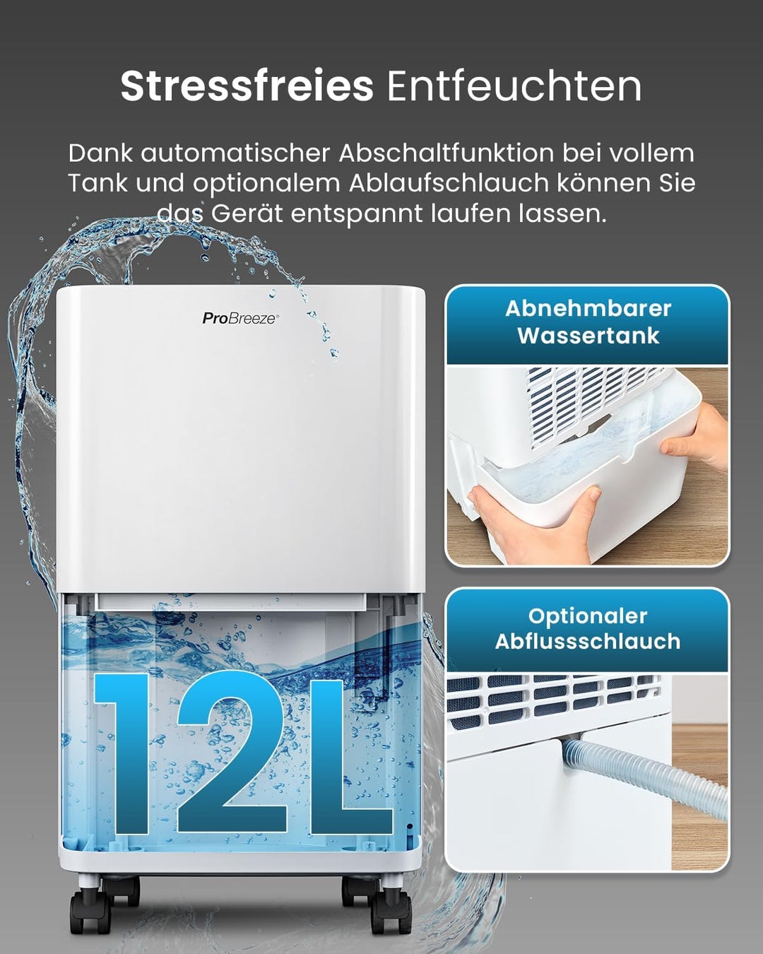 ProBreeze Luftentfeuchter 12L in 24h Entfeuchtungsleistung - Dehumidifier - Luftentfeuchter elektris