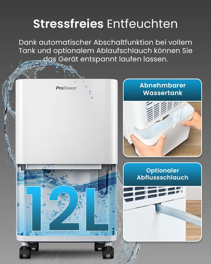 ProBreeze Luftentfeuchter 12L in 24h Entfeuchtungsleistung - Dehumidifier - Luftentfeuchter elektris