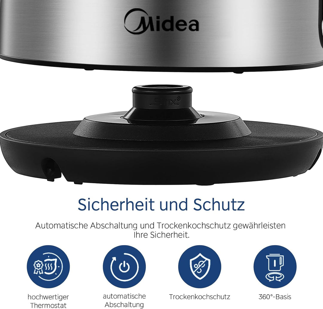 Midea Wasserkocher Edelstahl 1.7L, BPA-freier Wasserkocher, 2200W Schnellkochfunktion, Kettle mit Wa
