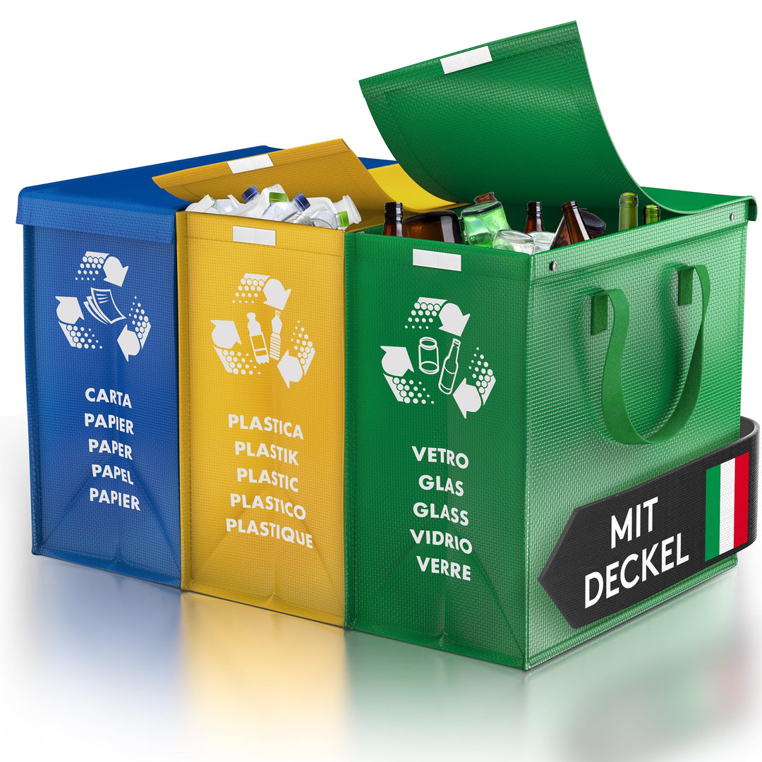 PTMS® Mülleimer 3 Fächer - Mülltrennsystem für Papier, Glas und Plastik - Umweltfreundliche Recyclin