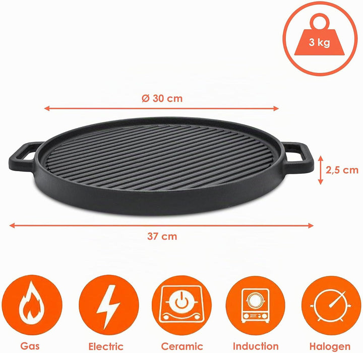Spetebo Gusseisen Grillplatte 30 cm - Gusspfanne mit Griff rund - Grill Pfanne Bratpfanne Platte Ind