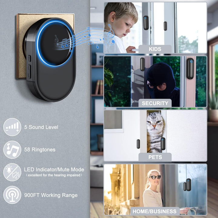 Tür Fenster Sensor klingel, Funkklingel 900ft Reichweite 58 Klingeltöne, Haushaltsalarme, Home Secur