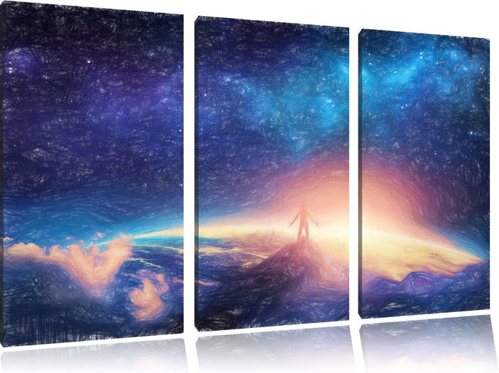 Pixxprint der Mann auf dem Berg mit dem Blick auf die Welt Kunst Buntstift Effekt 3-Teiler Leinwandb