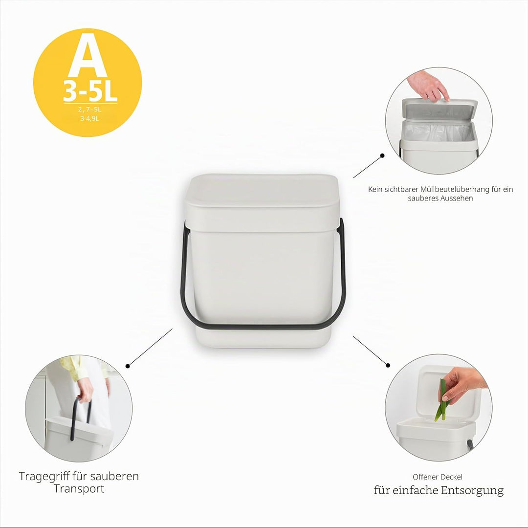 Brabantia Sort & Go Abfalleimer mit Deckel 3 L (hellgrün), platzsparender Biomüll Behälter mit Griff