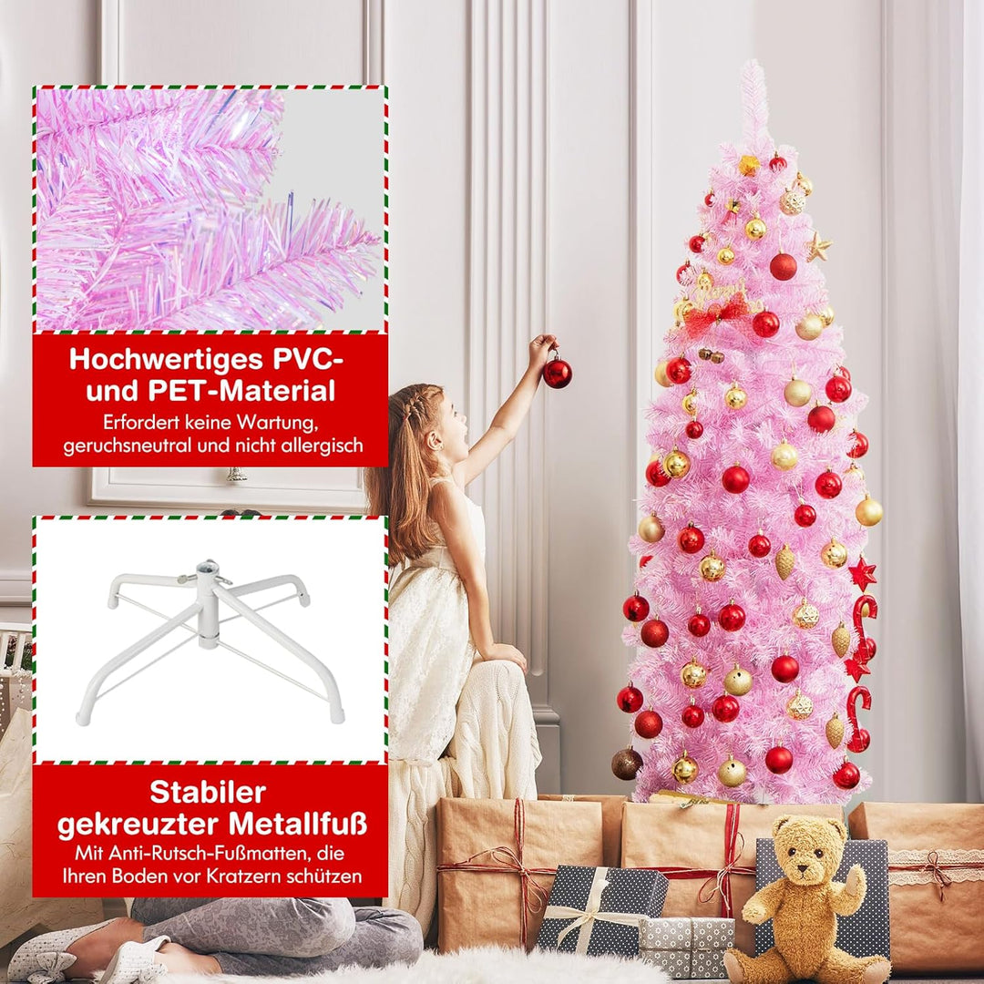 COSTWAY 180cm Künstlicher Weihnachtsbaum Bleistift, LED beleuchteter Tannenbaum mit 250 kaltweissen