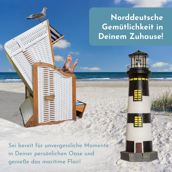 NATIV LEMODO Gartendeko Leuchtturm 83cm hoch | Handbemalte Gartenfigur mit solarbetriebenem, rotiere