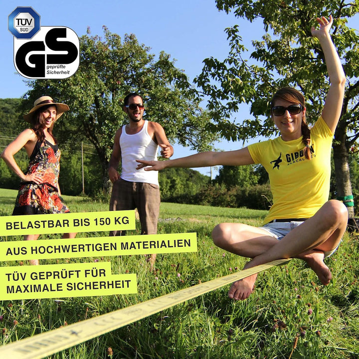 Gibbon Slacklines Classic Original Komplett-Set | 25m | TÜV Geprüft | Balance und Spass mit Trampoli