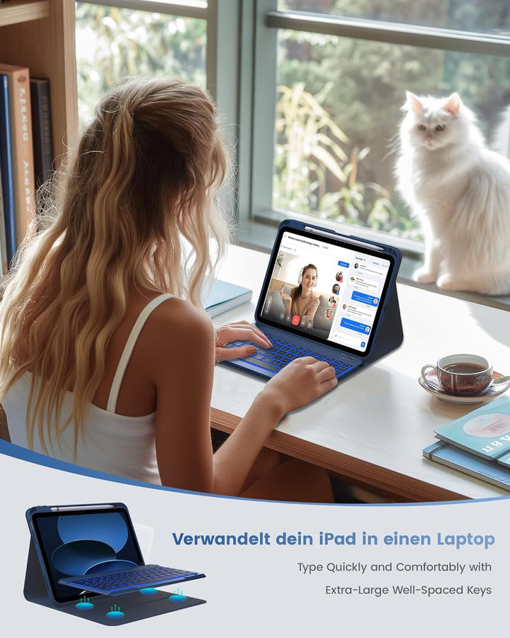 typecase Hülle mit Tastatur für iPad A16 11/10 Generation((2025/2022, 11/10.9 Zoll),7-farbige Beleuc