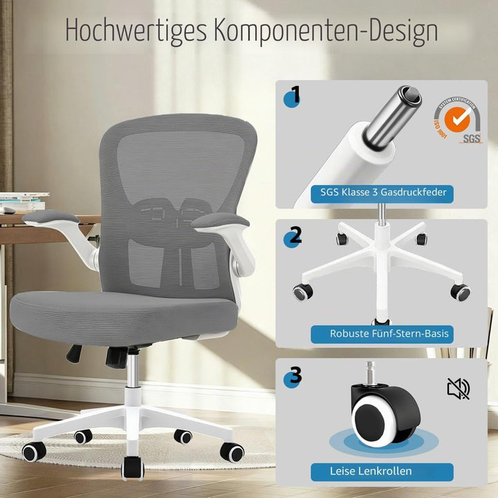 Durrafy Ergonomischer Bürostuhl Schreibtischstuhl mit Hochklappbaren Armlehnen,Verstellbarer Lendenw