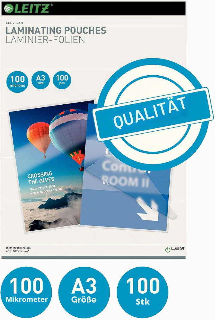 Leitz Heisslaminierfolien A3 100 mic, Hochwertige Laminierfolien im 100er Pack, mit abgerundeten Eck