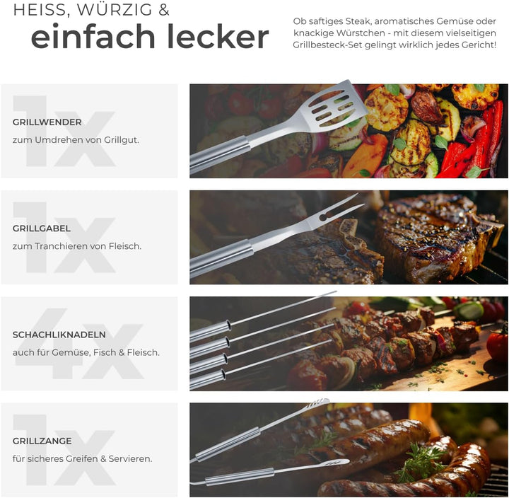 tectake® 18-TLG. Edelstahl Grillbesteck, Grillzubehör für Kugelgrill, Smoker, Kohlegrill, im Garten,