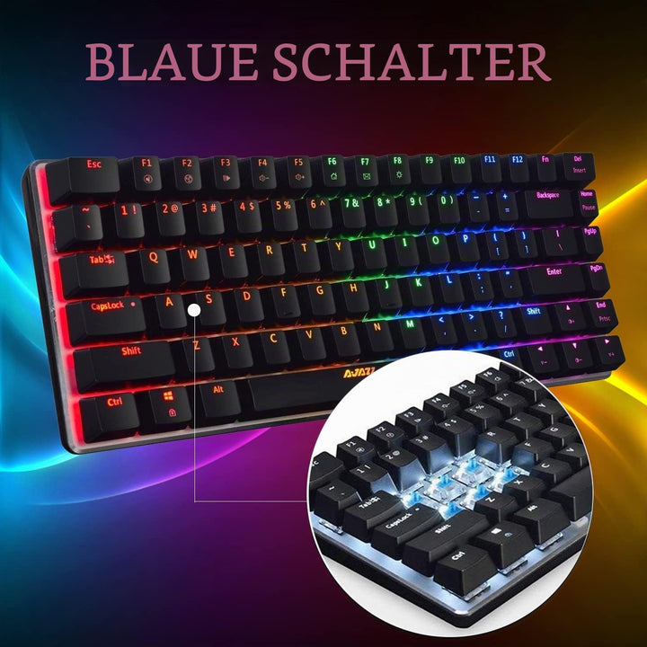 AK33 USB-Kabelgebundene Mechanische Gaming-Tastatur, 80 % Blaue Schalter Keyboard mit 19 RGB-Chroma-