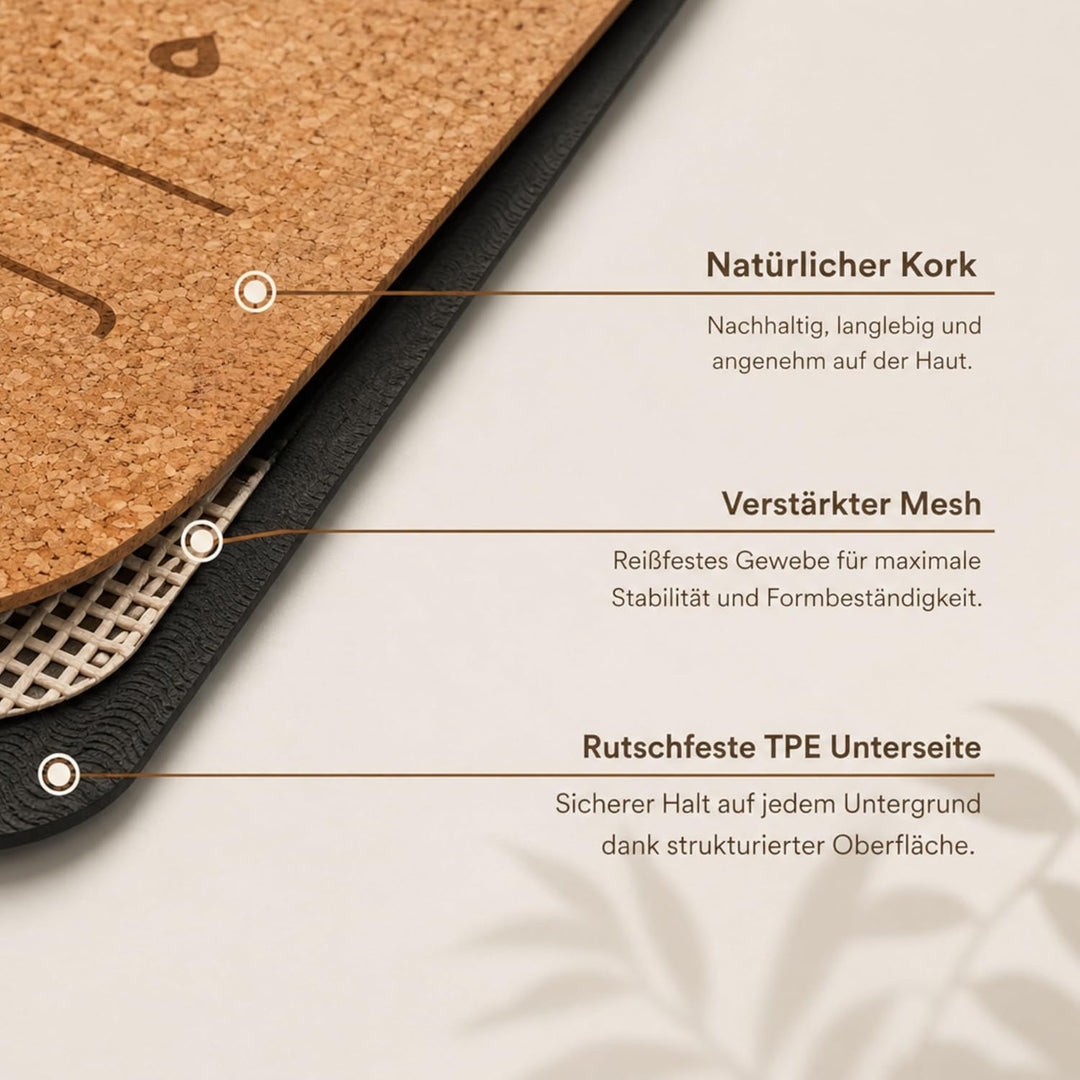 Premium Kork Yogamatte (5 mm, 183×66 cm) – Rutschfeste Fitnessmatte mit Ausrichtungslinien – Umweltf