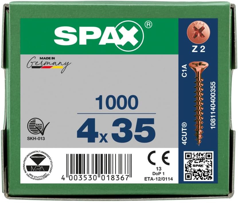 SPAX Universalschraube, 4,0 x 35 mm, 1000 Stück, Kreuzschlitz Z2, Senkkopf, Teilgewinde, 4CUT, Brüni