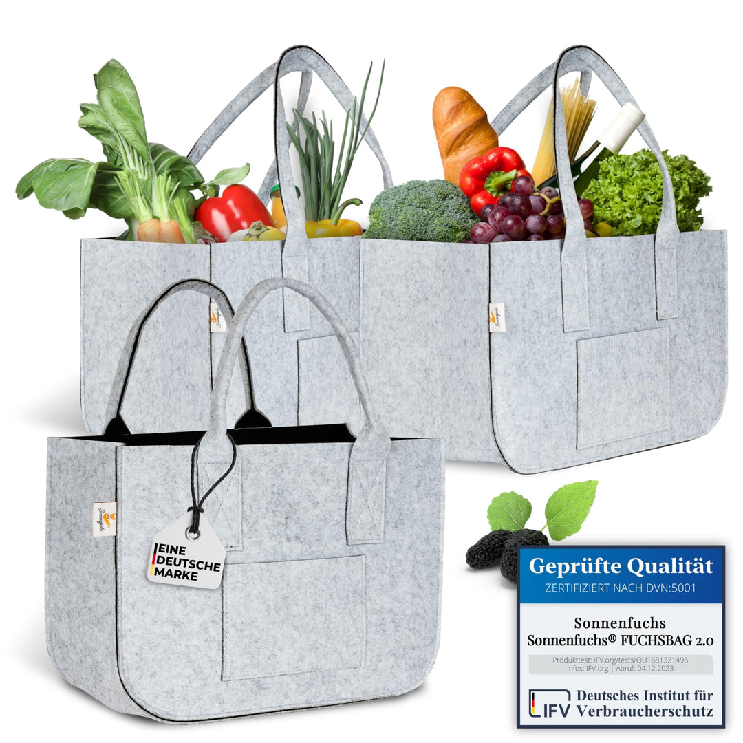 Sonnenfuchs® FUCHSBAG 2.0 [Grosses 3er Set XXL] Universelle Einkaufstaschen. 2x Filztasche gross 1x