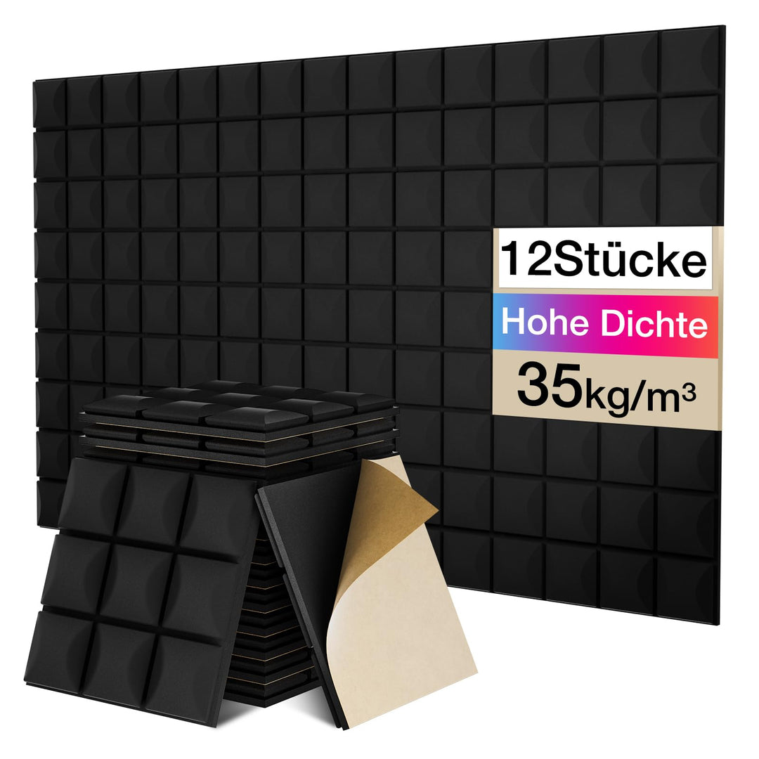 Fstop Labs 12 Stücke Selbstklebend Schallabsorber, Dichte 35 kg/m³, 3x30x30cm, 3D Hochdichte Akustik