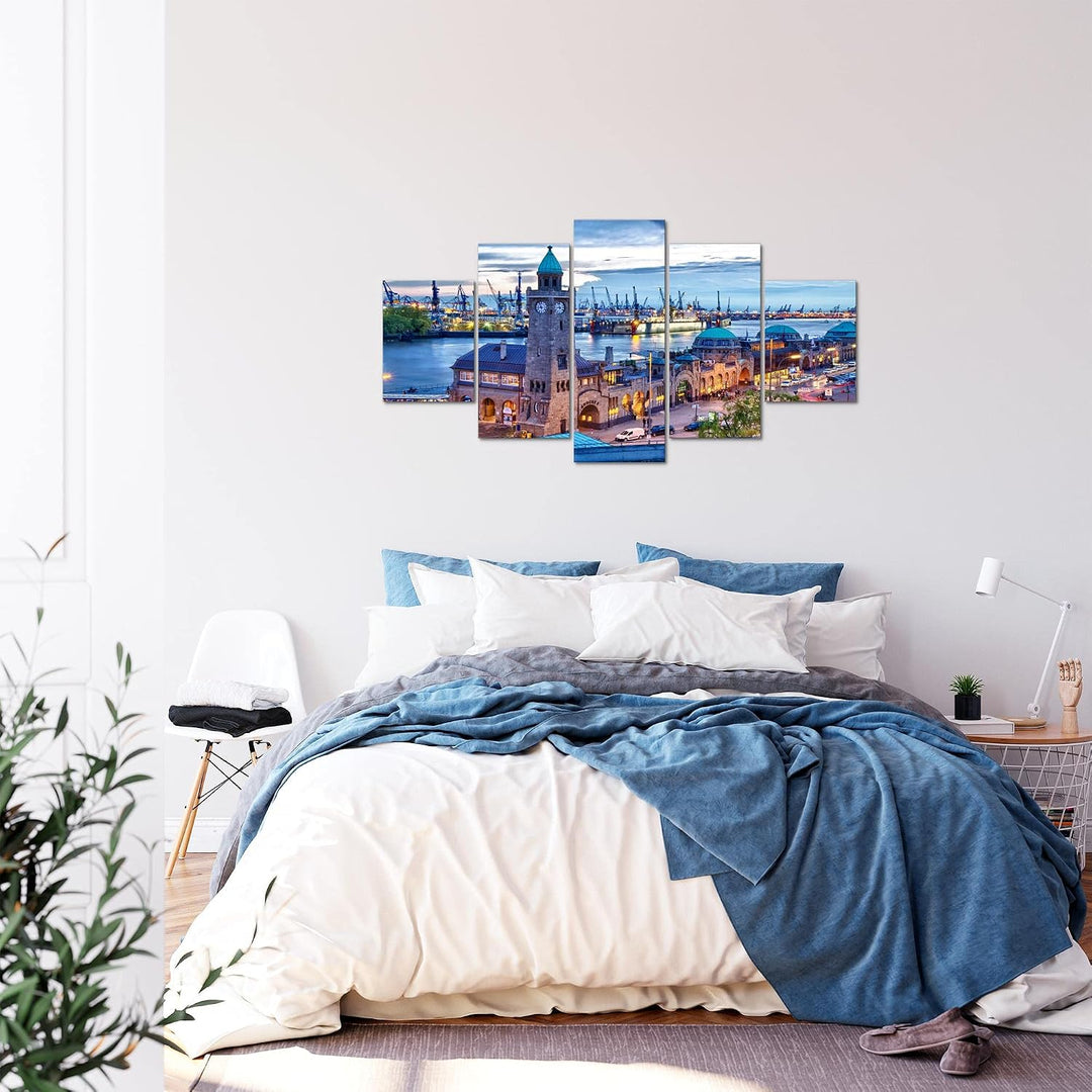 Runa Art Bild Wohnzimmer Schlafzimmer Hamburg 5 Teilig Stadt Hafen Blau Wandbilder auf Vlies Leinwan