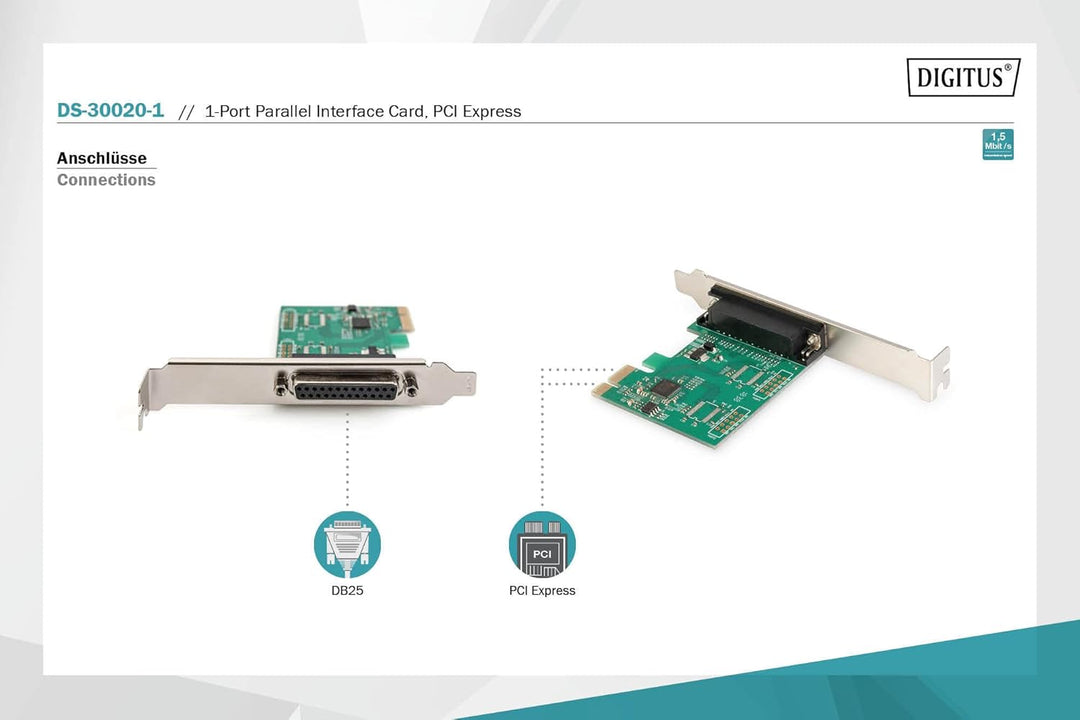 DIGITUS IO-Karte - PCIe - Parallele Schnittstellen-Karte - 1-Port DSUB-25 - Chipsatz AX99100 IO-Kart