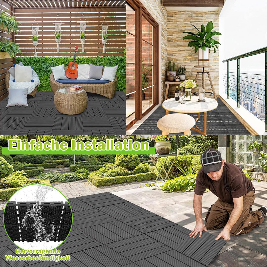 Gimisgu WPC Terrassenfliesen Holzoptik, Balkonfliesen Klicksystem Terrassendielen Klickfliese Kunsts