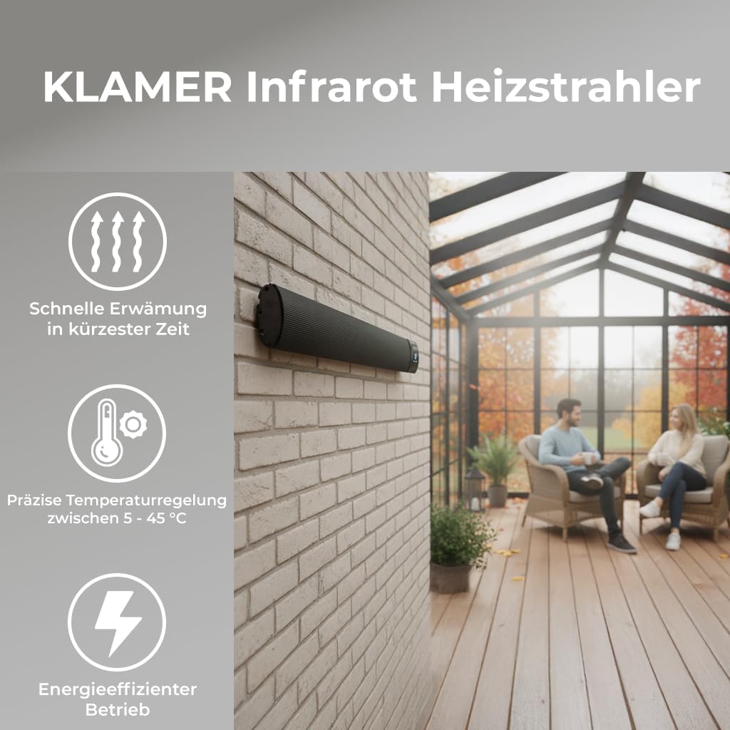 KLAMER Infrarotheizung 2600 W – WLAN Heizstrahler mit App- & Timer, Decken- & Wandmontage, Fenster-o