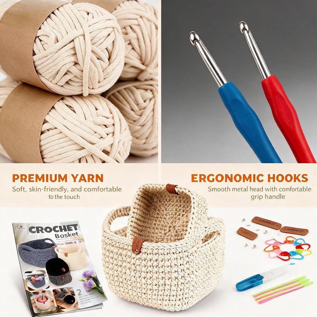 2PCS Square Häkelkorb Häkelset - 2 Häkelnadeln, 4 Häkelgarn Anleitung Beige | Crochet Set, Korb Häke
