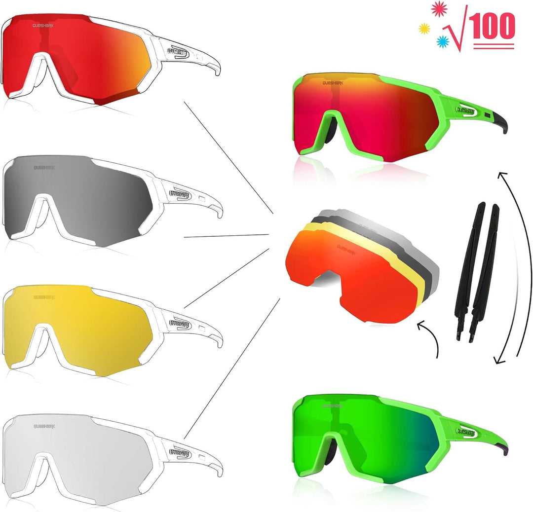 Queshark Sportbrillen Fahrrad Brillen Damen Herren Polarisierte UV400 Schutz mit 5 Wechselgläser Rad