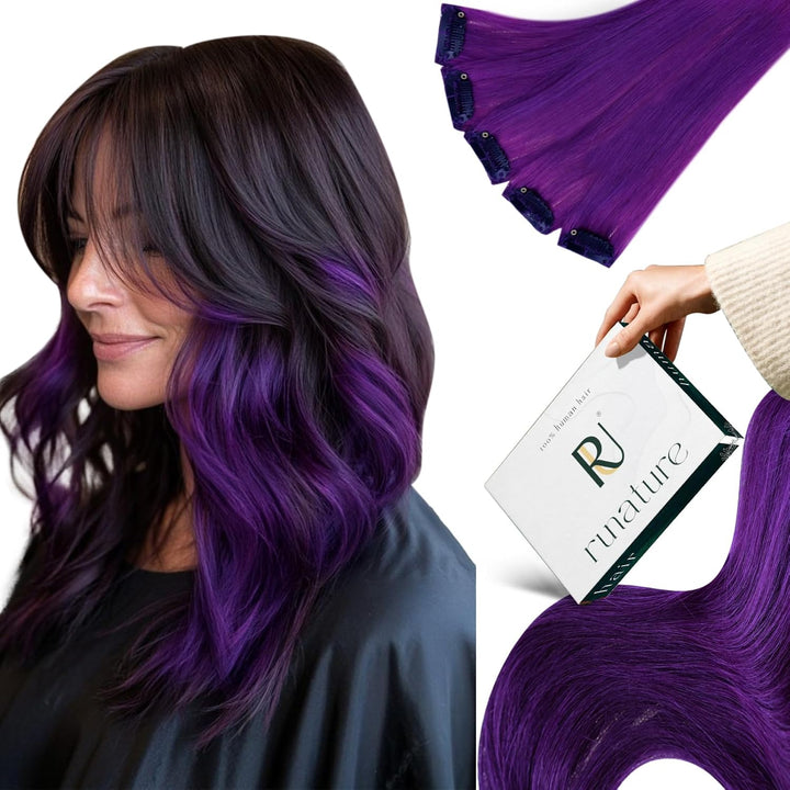 RUNATURE Clip in Extensions Echthaar 45cm Purple Haarverlängerung clip Echthaar Unsichtbar 5pcs Clip