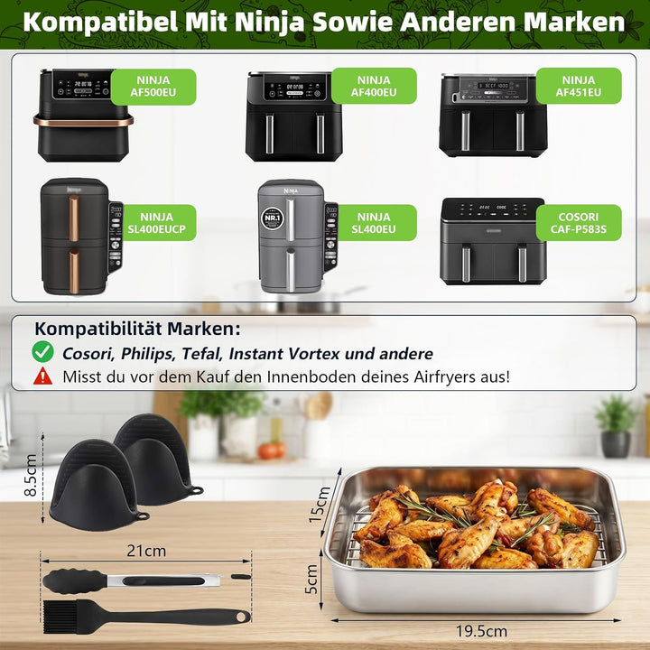 Ugotit Airfryer Zubehör, Auflaufform Airfryer Edelstahl 304 mit 2 Deckel &amp; 2 Grillrost, für Ninja Ai