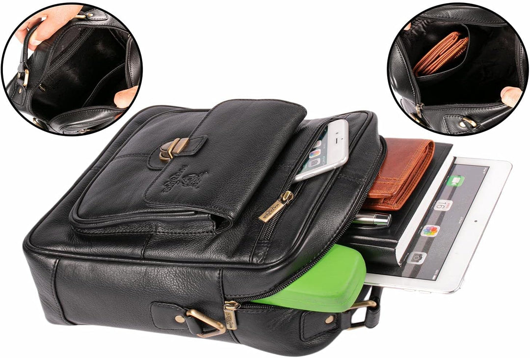 MATADOR Echt Leder Herren Umhängetasche Damen Schultertasche Schwarz Ledertasche Hochwertige Henkelt