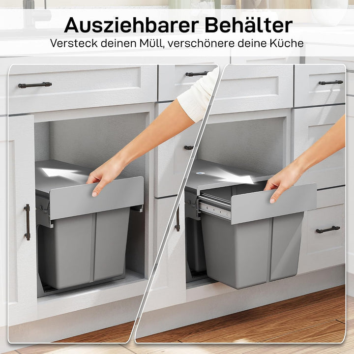 HOMCOM 31L Ausziehbarer Abfallbehälter 15L + 8L x 2, Soft-Close Untertischbehälter mit herausnehmbar