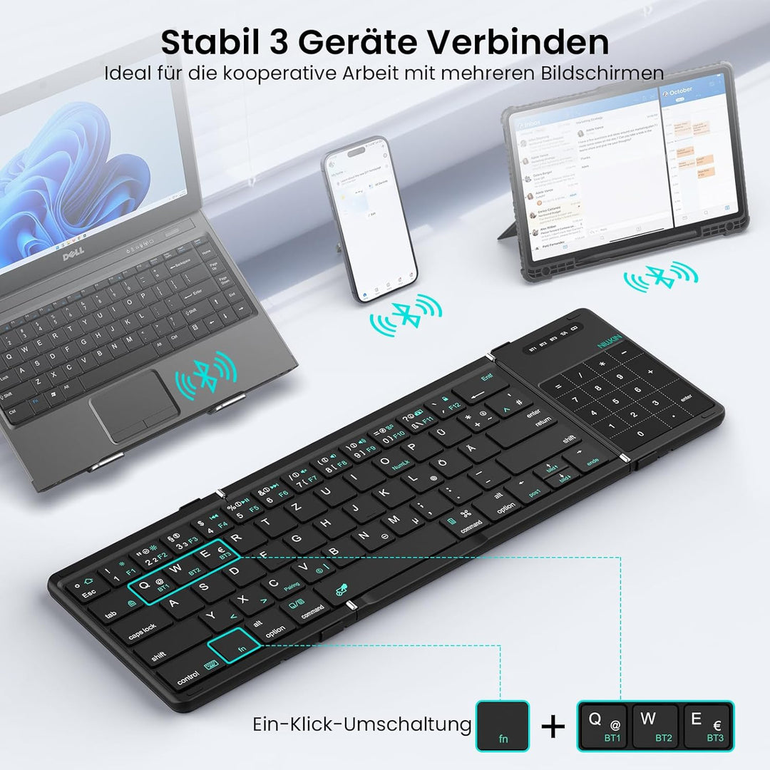 Nillkin Faltbare Bluetooth Tastatur mit Touchpad, Wiederaufladbare QWERTZ-Klapptastatur mit Ziffernb