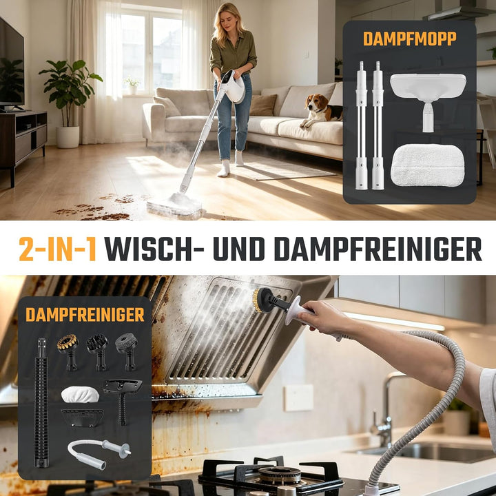 Dampfreiniger 12-in-1 mit abnehmbarem Teleskopstiel – 500ml Handdampfreiniger für Boden, Fliesen, Fe