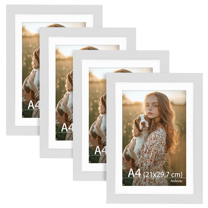 Bilderrahmen A4 4er Set, Weiss 21x29,7 cm Freistehende Fotorahmen mit Passepartout für 15x20 cm Foto