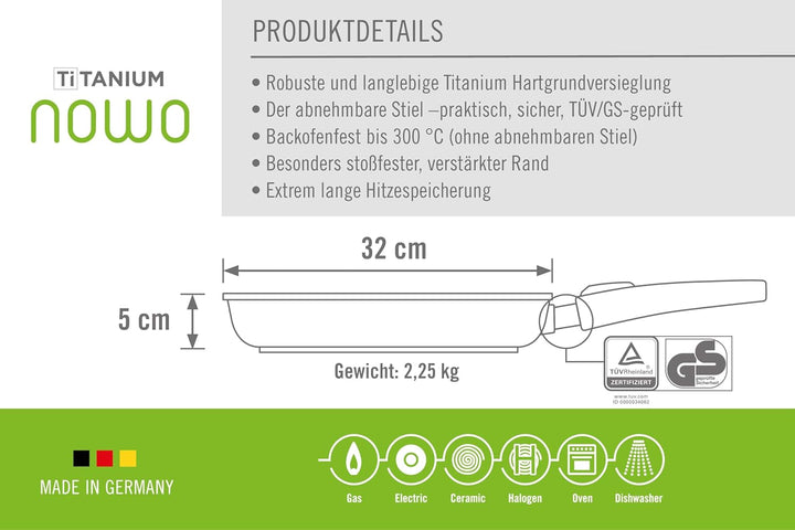 Titanium Nowo Gusspfanne, Ø 32 cm, 5 cm hoch, mit abnehmbarem Stiel, Ø 32 cm, 5 cm hoch