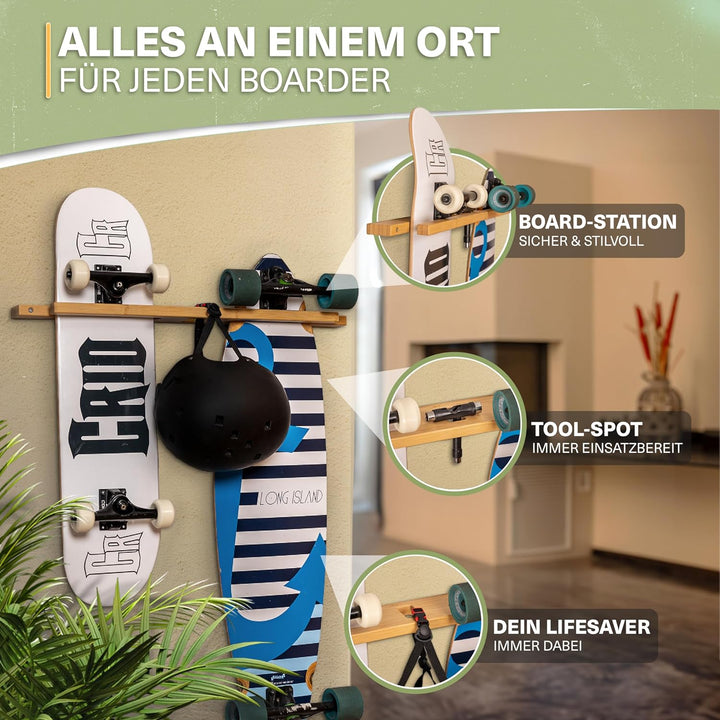 CRID Doppel Skateboard Wandhalterung aus Bambus - Universal Halterung für Skateboard, Longboard, Sno