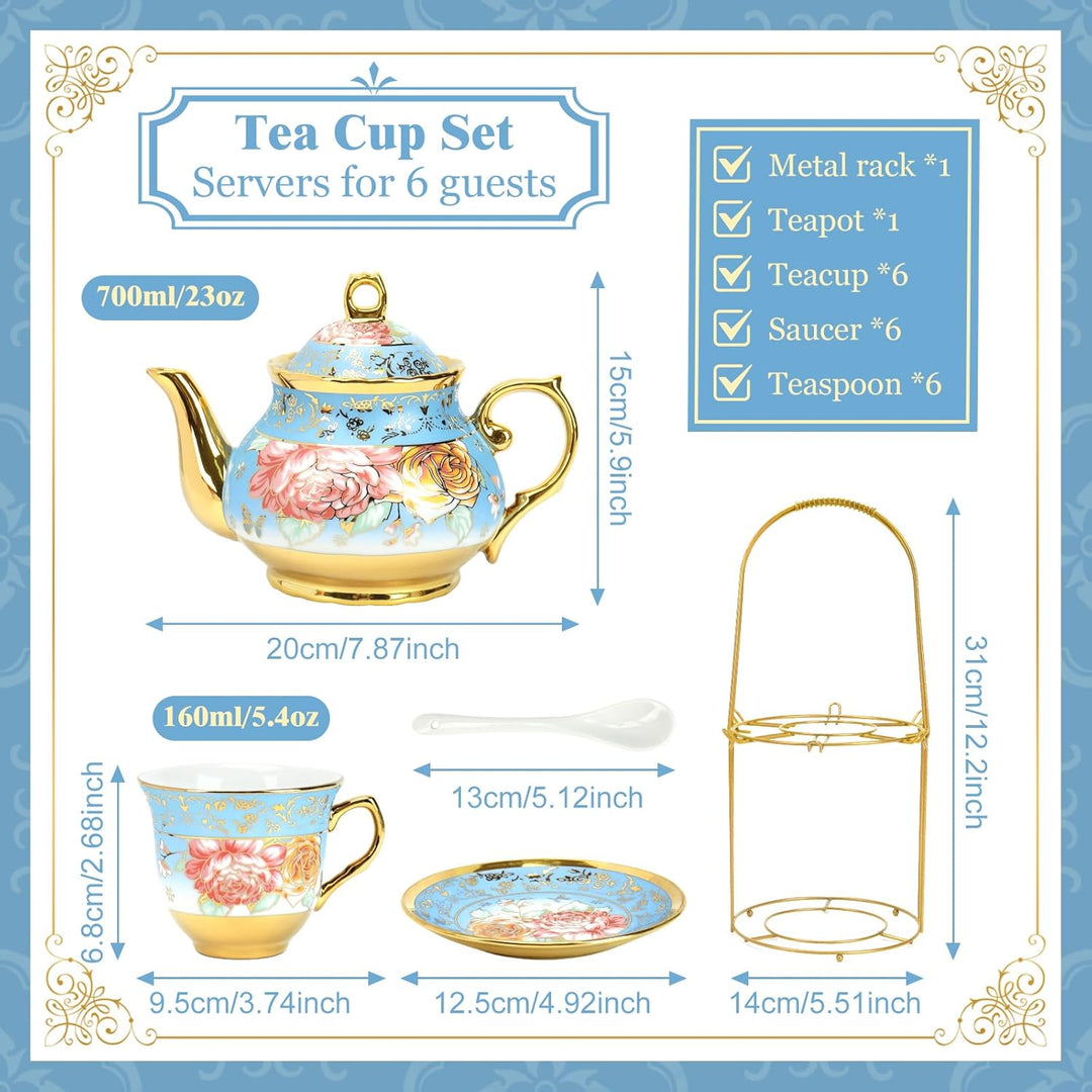 20 Stück Teeservice Porzellan Teeset mit Metallhalter, 700ml Teekanne Keramik Teeset, Blumendesign G