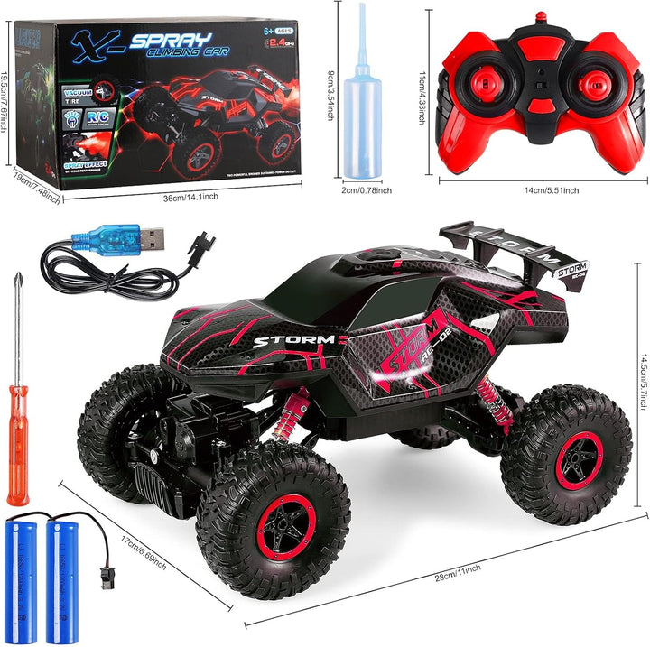 Herefun Ferngesteuertes Auto, 2.4GHz RC Auto für Kinder mit LED Licht und Spray, 4WD Wiederaufladbar