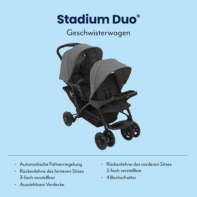 Graco Stadium Duo Geschwisterwagen, Zwillingswagen, 0-15 kg, auch mit Babyschale nutzbar, verstellba