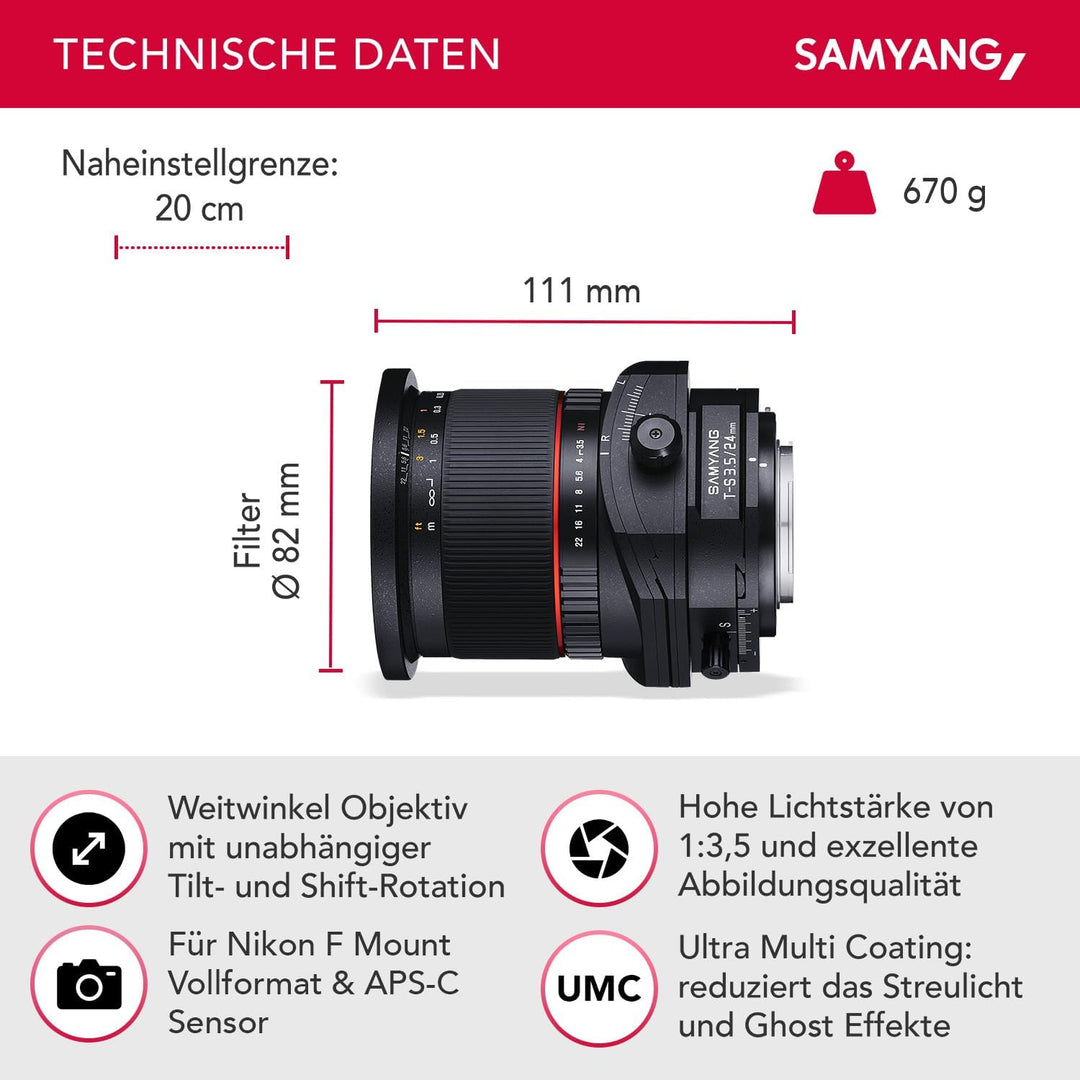 Samyang 24/3,5 Objektiv DSLR T/S Nikon F manueller Fokus Tilt and Shift Fotoobjektiv Weitwinkelobjek