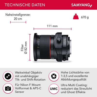 Samyang 24/3,5 Objektiv DSLR T/S Nikon F manueller Fokus Tilt and Shift Fotoobjektiv Weitwinkelobjek