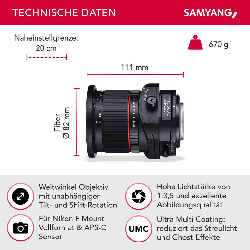 Samyang 24/3,5 Objektiv DSLR T/S Nikon F manueller Fokus Tilt and Shift Fotoobjektiv Weitwinkelobjek