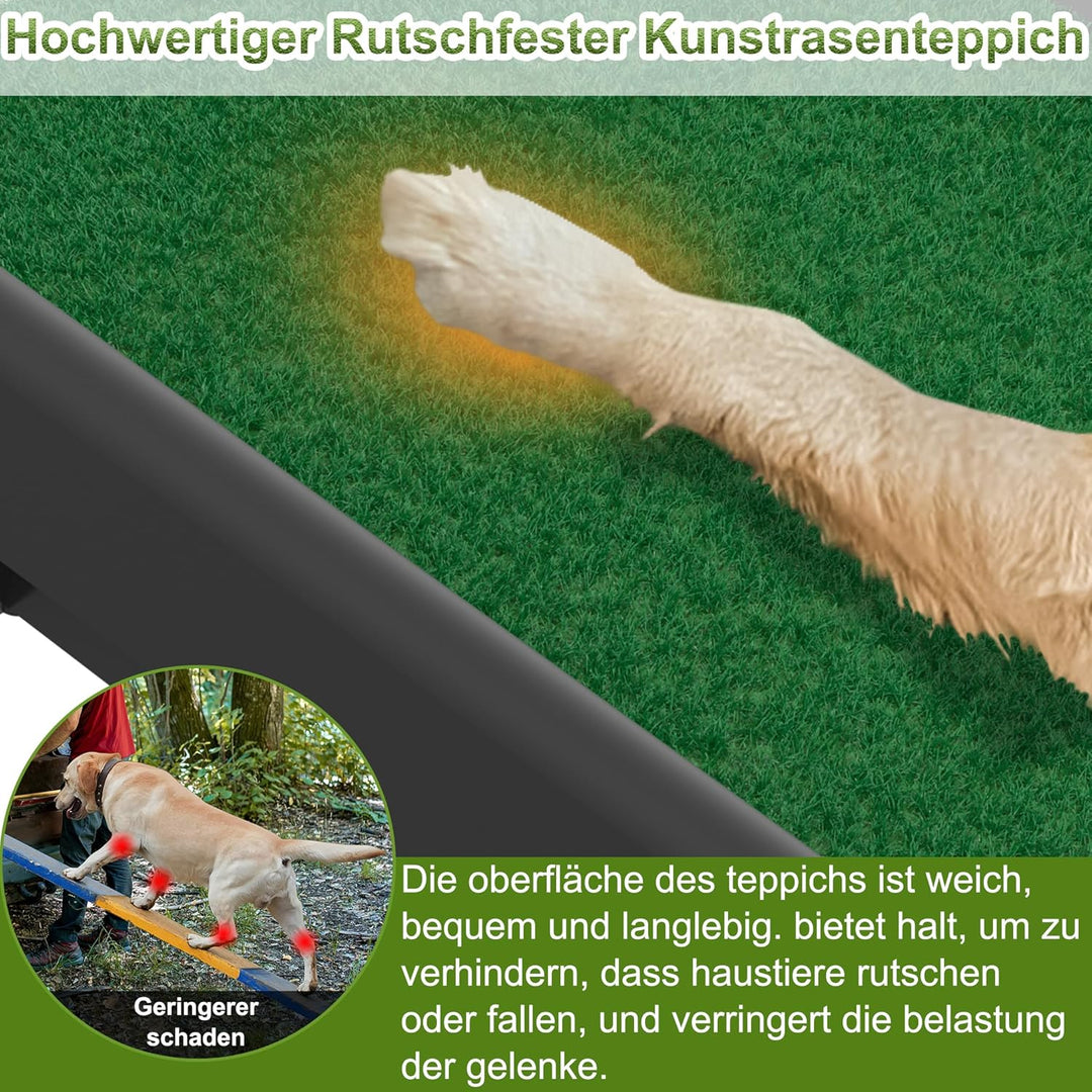 Hunderampe klappbar mit Kunstrasen, Hundeautorampe rutschfeste Einstiegshilfe bis 90 kg, Hundetreppe