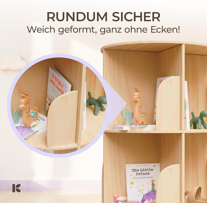 360° Drehbares Bücherregal Kinder - Buchenholz Bücherregal Drehbar Kinder mit 4 verstellbaren Ebenen