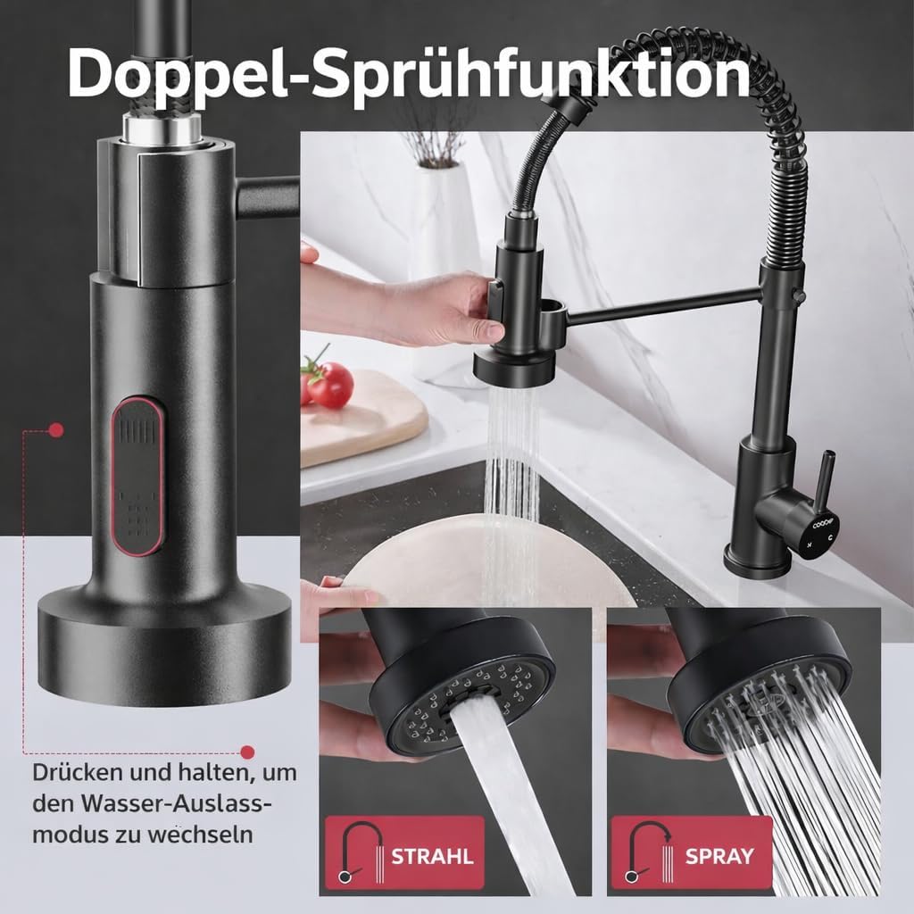 Cobbe Wasserhahn Küche, Spring Küchenarmatur mit Pull Down Sprüher Brause, 2 Sprühfunktionen, 360° D
