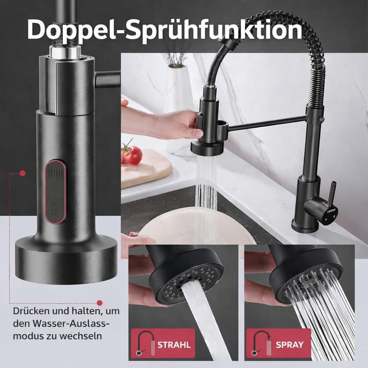 Cobbe Wasserhahn Küche, Spring Küchenarmatur mit Pull Down Sprüher Brause, 2 Sprühfunktionen, 360° D