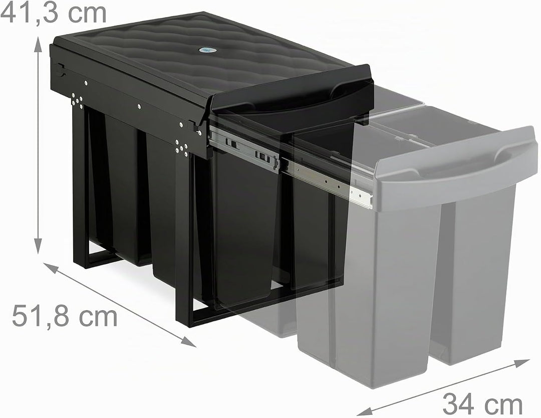 Relaxdays Einbaumülleimer, 3 Fächer, 20l, 2X 10l, HBT: 41,3 x 34 x 51,8 cm, ausziehbar, Müllsystem U