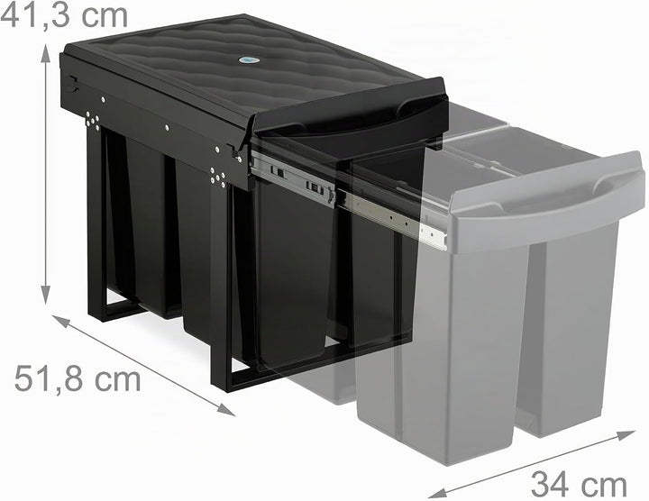 Relaxdays Einbaumülleimer, 3 Fächer, 20l, 2X 10l, HBT: 41,3 x 34 x 51,8 cm, ausziehbar, Müllsystem U